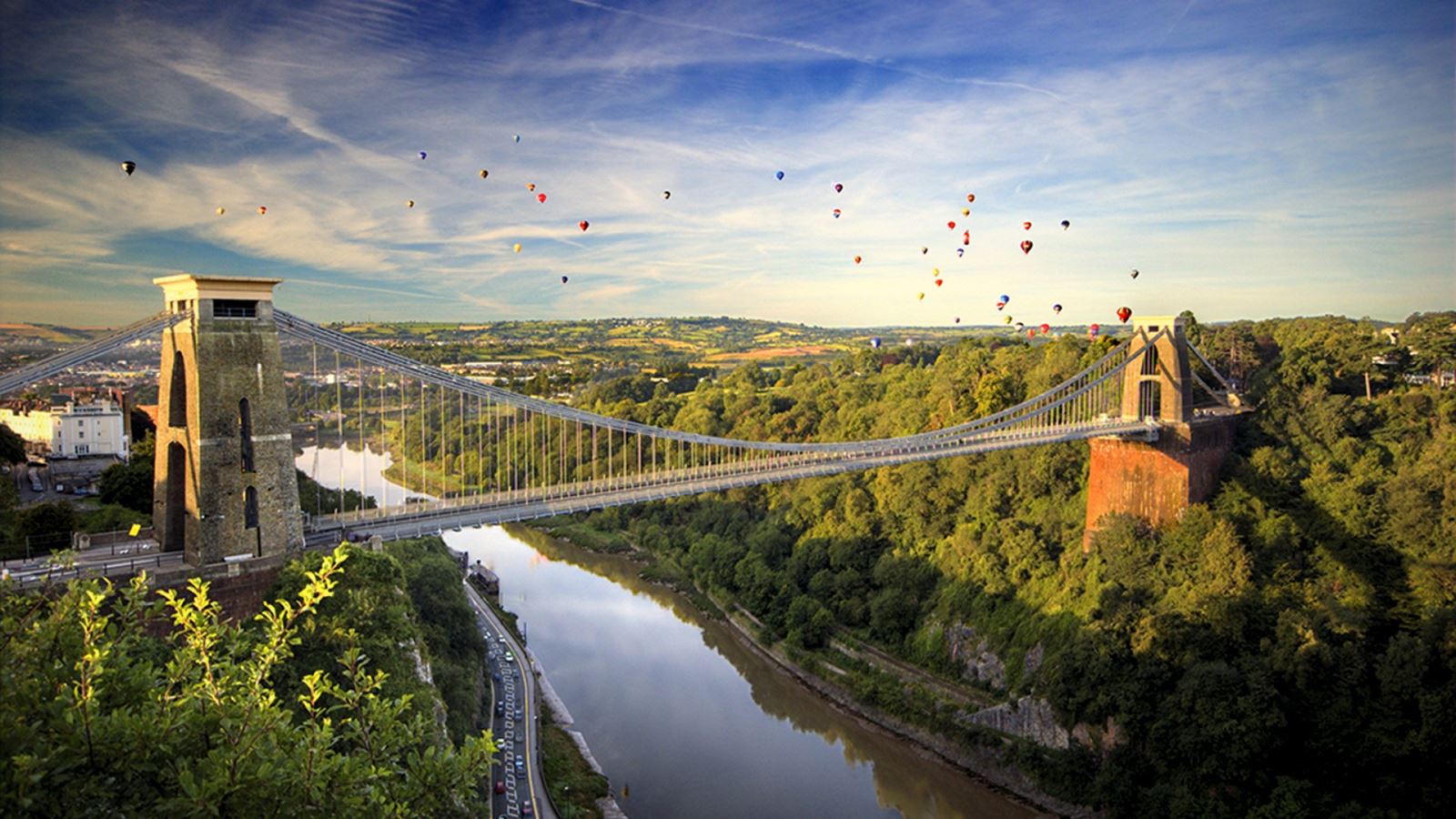 Hot air balloons flying over Clifton Suspension Bridge